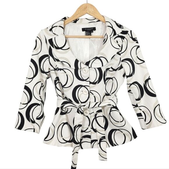 Sandro Sportswear Geometric Tie Belt Blazer Jacket in Black/White Size Small - Picture 9 of 9